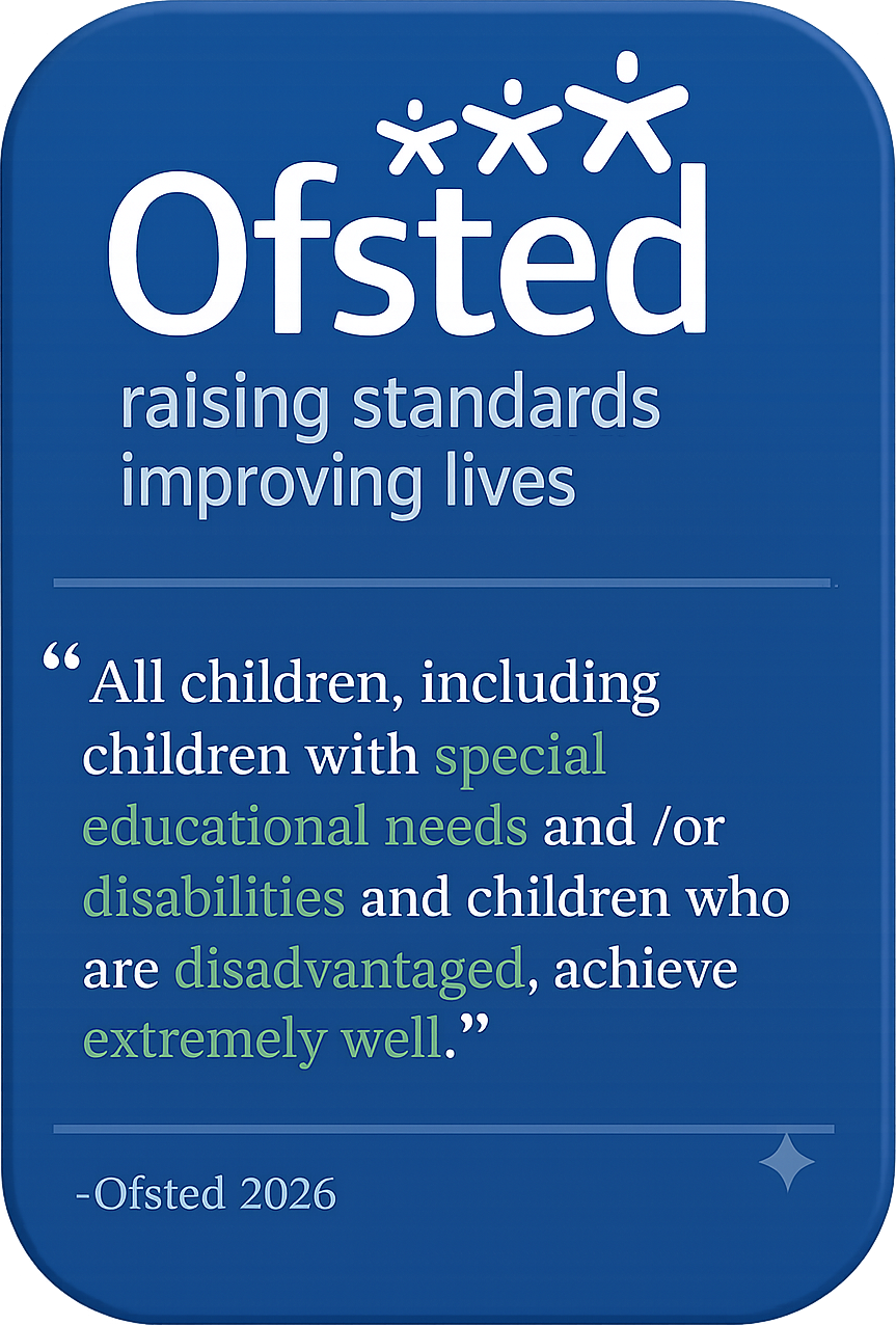 Ofsted: raising standards, improving lives. “All children, including children with special educational needs and/or disabilities and children who are disadvantaged, achieve extremely well.” — Ofsted 2026